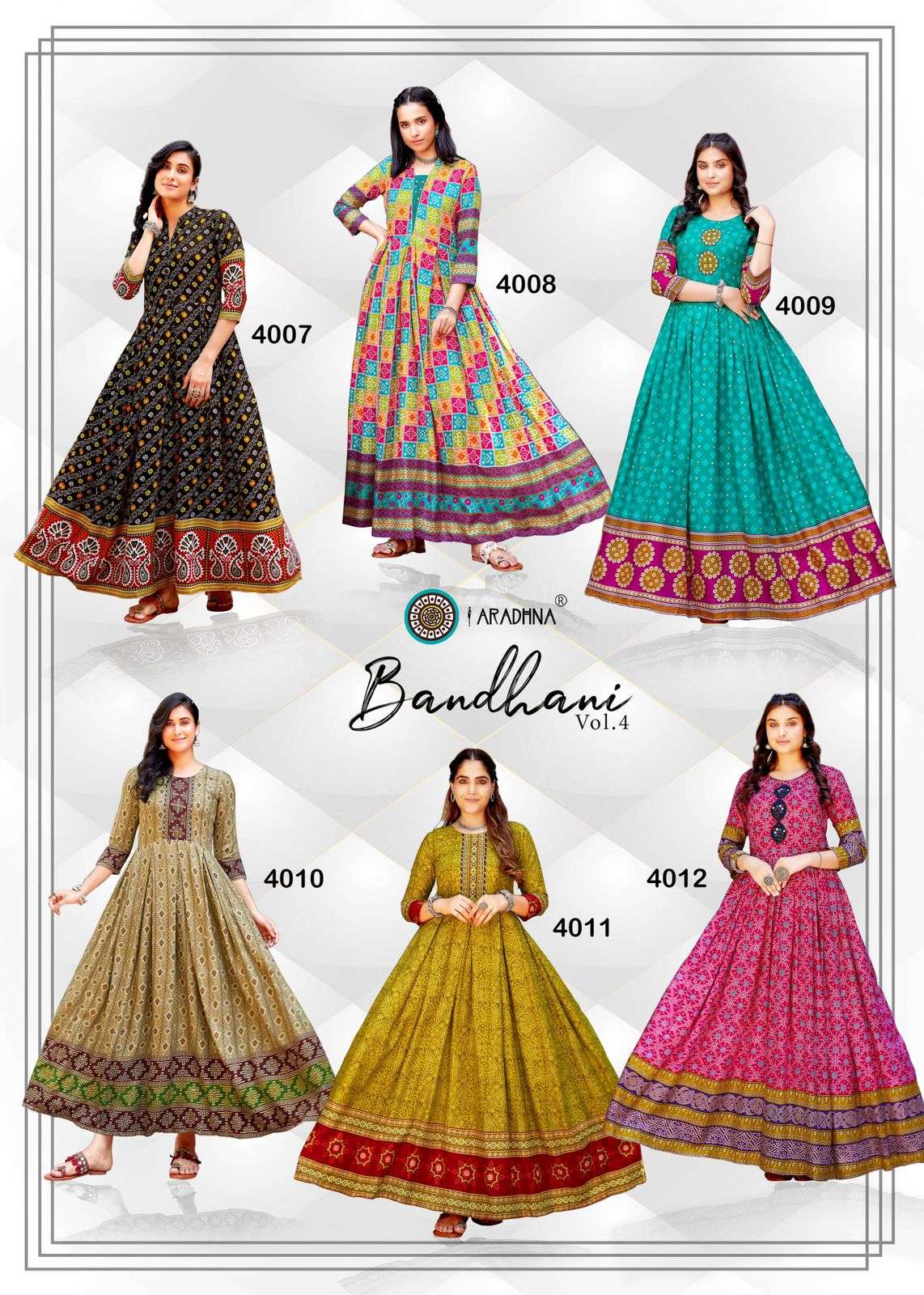 BANDHANI VOL 4 RAYON BANDHANI PRINT EMBROIDERY WORK LIVA TAG LONG GOWN KURTI BY ARADHNA BRAND INDEX 2